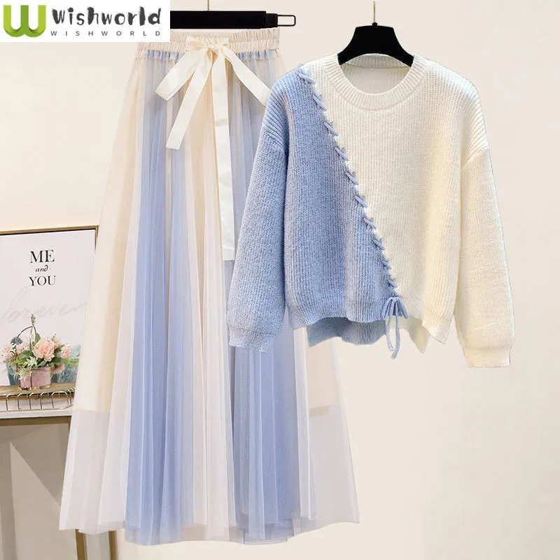 Top Trends: Korean Spring Sweet Contrast Color Stitching Knitted Sweater Pullover Bow Tulle Skirt Two-piece Elegant Women's Party Dress Shoppable Styles