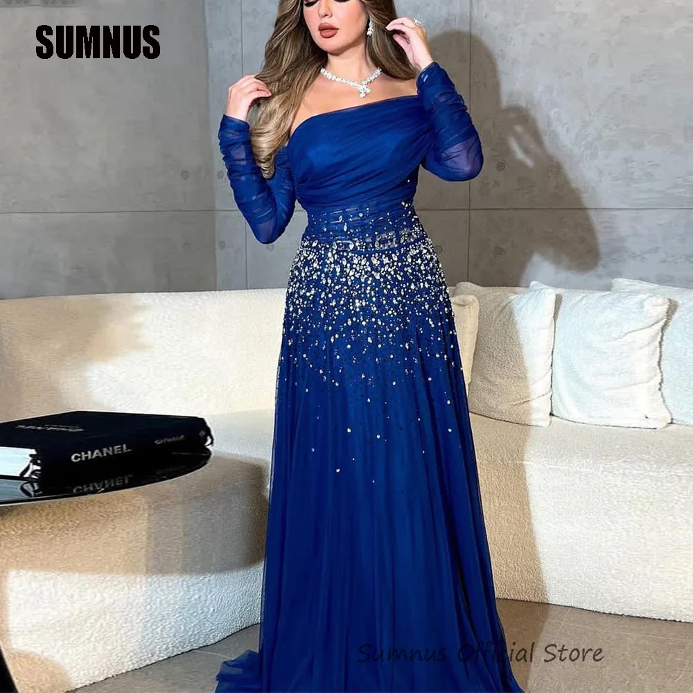 Top Trends: SUMNUS Shiny Royal Blue Boat Neck A Line Evening Dresses Long Sleeves Tulle Dubai Prom Gowns Beaded Arabic Party Dress For Women Shoppable Styles