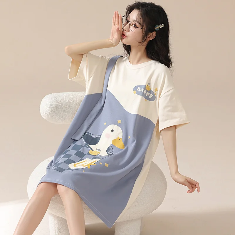 Top Trends: Summer Women's Short Sleeved Pajamas Cute Cartoon Loose Fitting Pajamas Pure Cotton Long Style Breathable Home Clothing For Girl Shoppable Styles