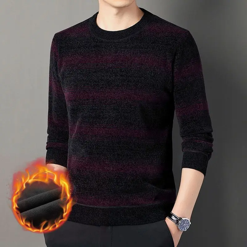 Top Trends: Fashionable Striped Plus Fleece Sweaters Autumn Winter Male Clothes Classic Comfortable Round Neck Long Sleeve Knitted Pullovers Shoppable Styles - Image 3