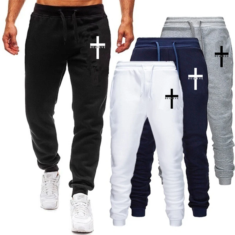 Top Trends: Men Pant 2022 Spring Autumn I Believe In Christian Jesus Print Series Drawstring Casual Simple Loose Sports Jogging Pants Shoppable Styles