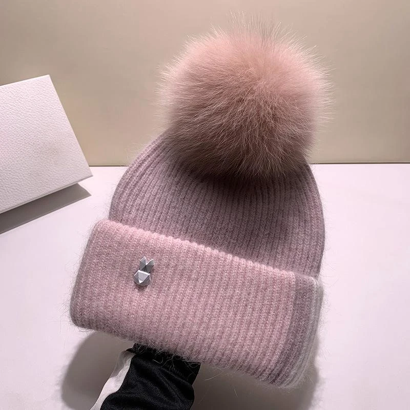 Top Trends: Real Fox Fur Pom Poms Ball Skullies Beanies Keep Warm Winter Hat For Women Girls Wool Hat Outdoor Knitted Cap Thick Female Cap Shoppable Styles - Image 2