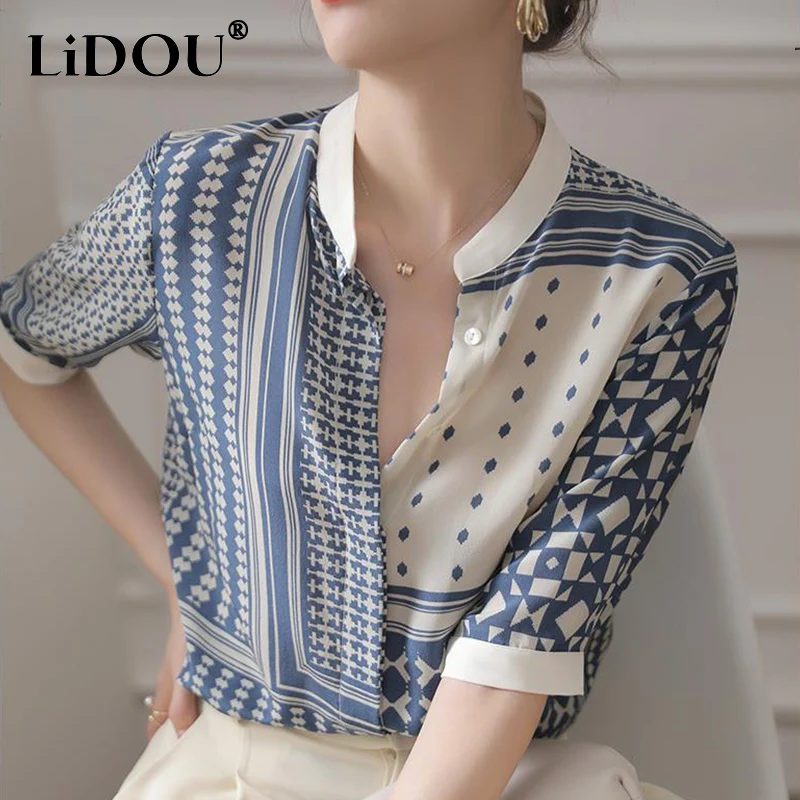 Top Trends: Korean Temperament Vintage Plaid Striped Print Silk Shirts Women Fashion All-match Stand Collar Half Sleeve Office Lady Blouses Shoppable Styles