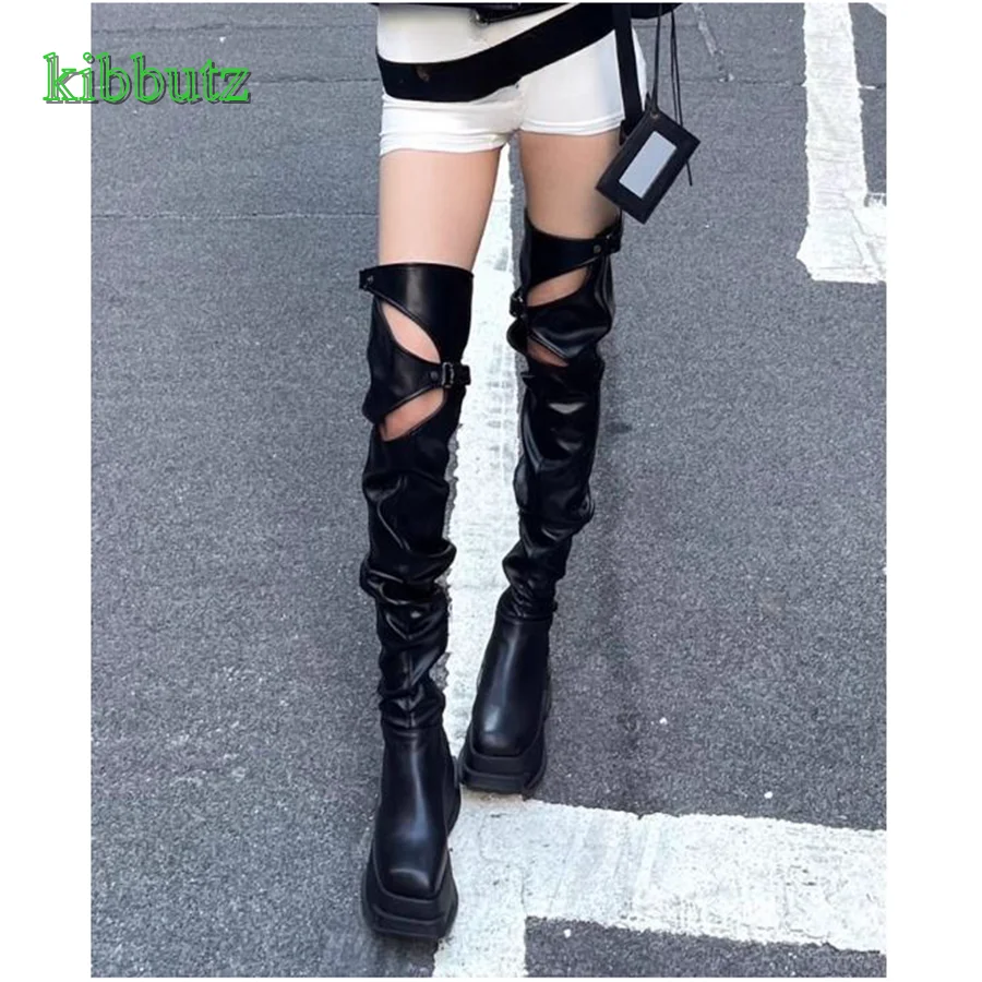 Top Trends: Black Skinny Leather Boots For Women, Hollow Buckle Design Over The Knee Boots Thick Sole Thick Teel Women Boots 2023 Plus Size Shoppable Styles