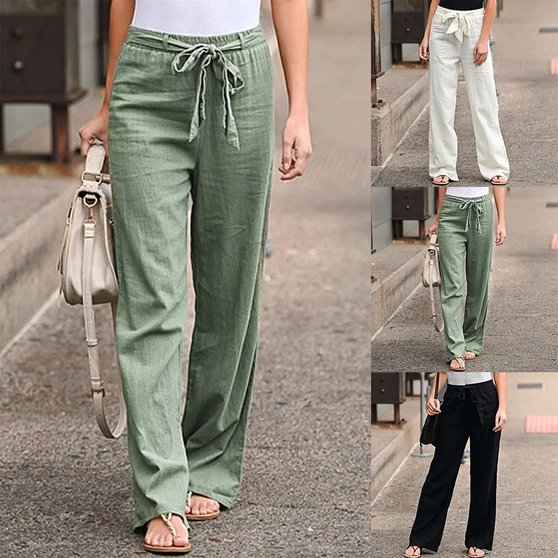 Top Trends: Women Casual Cotton Linen Pants Summer Solid Color Loose Elastic Waist Trousers Polyester Lace Up Wide Leg Pants Straight Pants Shoppable Styles