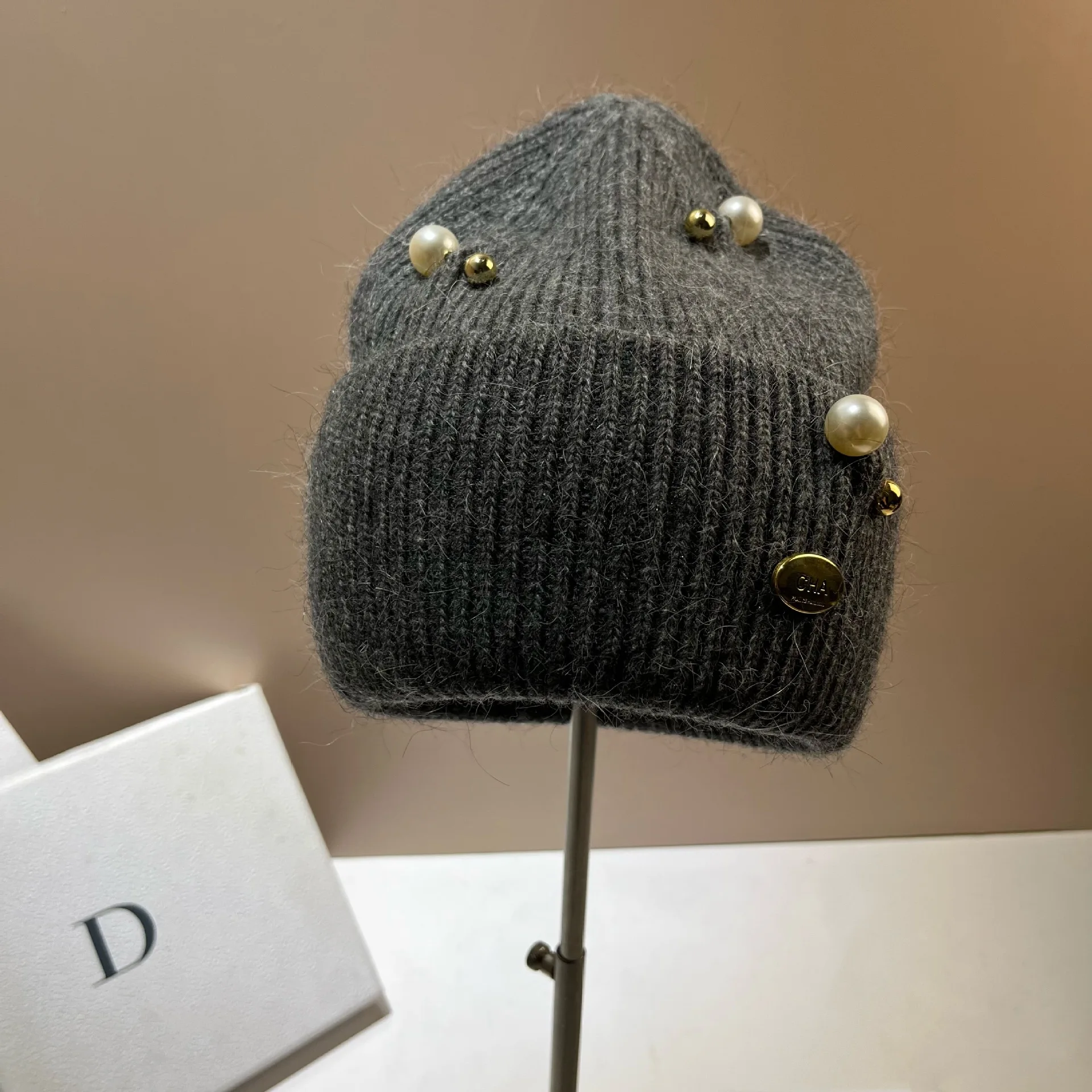 Top Trends: Designer Pearls Brooch Knitted Hat Women Luxury Metal Logo Wool Skullies Beanies Real Rabbit Fur Lady Warm Walking Bonnet Beanie Shoppable Styles