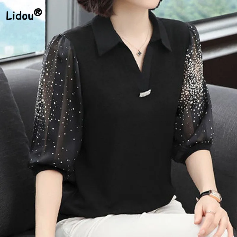 Top Trends: Fashion Elegant Printing Spliced 3 / 4 Sleeve Shirt Female Summer Women&#039;s Clothing Casual Korean Polo-Neck Loose Chiffon Blouse Shoppable Styles