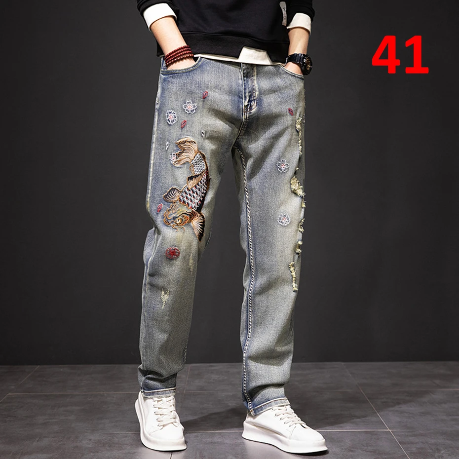 Top Trends: Carp Embroidered Jeans Men Streetwear Denim Pants Fashion Ripped Jeans Pants Plus Size 40 41 Trousers Male Bottoms Shoppable Styles