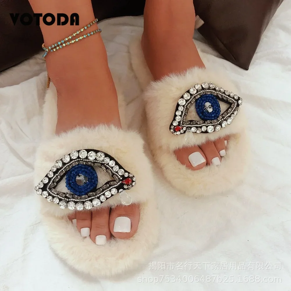 Top Trends: Women Shoes Winter Fur Fur Slides For Women Cross Flat Rhinestone Eyes Slippers Fluffy Faux Fur Plush Slides Zapatos De Mujer Shoppable Styles - Image 5