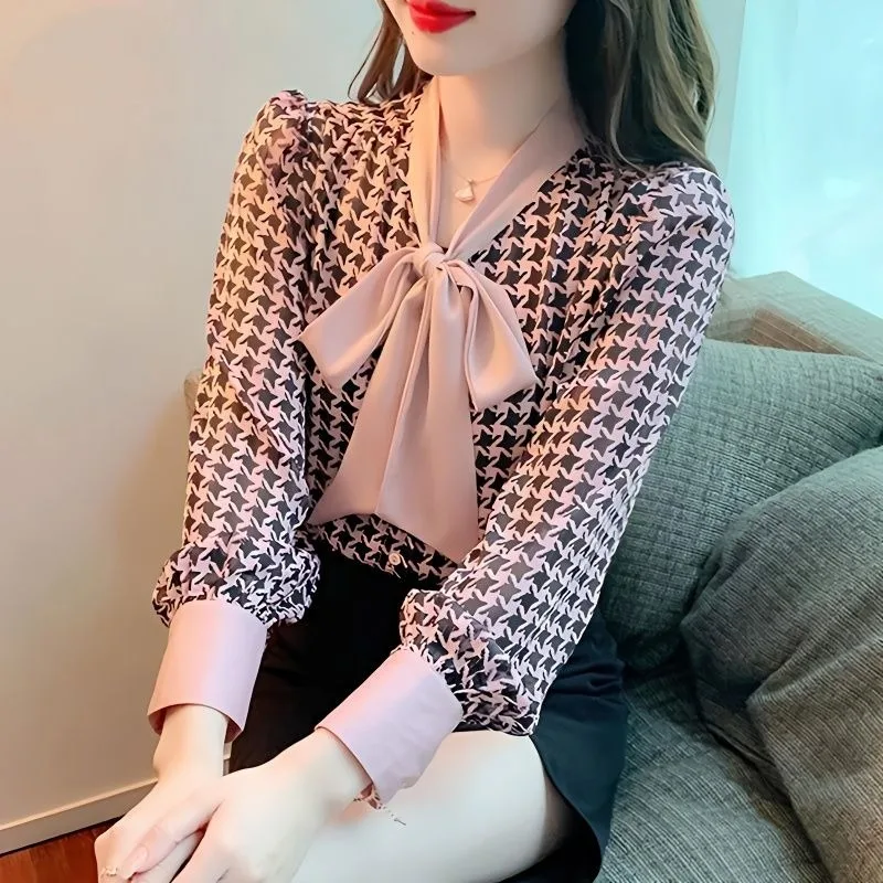 Top Trends: Women&#039;s Spring And Autumn Fashion Casual Elegant Bow V-neck Printed Long Sleeve Loose Pleated Commuter Chiffon Shirt Tops Shoppable Styles