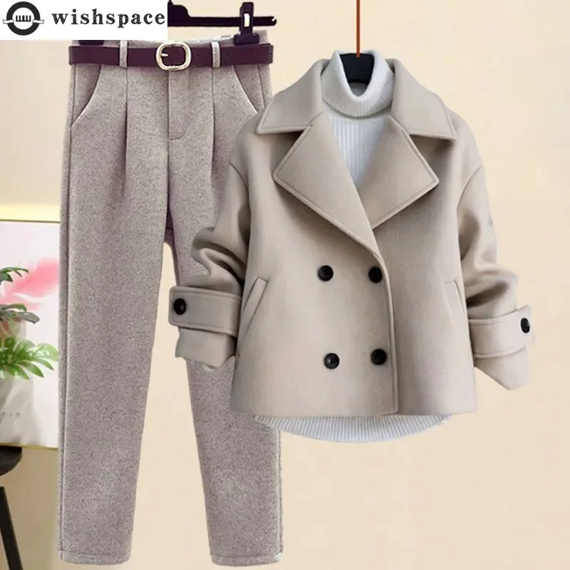 Top Trends: 2023 Autumn Winter Wool Suit Jacket Jacket Long Sleeve Knitted Sweater Casual Trousers Three Piece Set Elegant Women&#039;s Pant Set Shoppable Styles