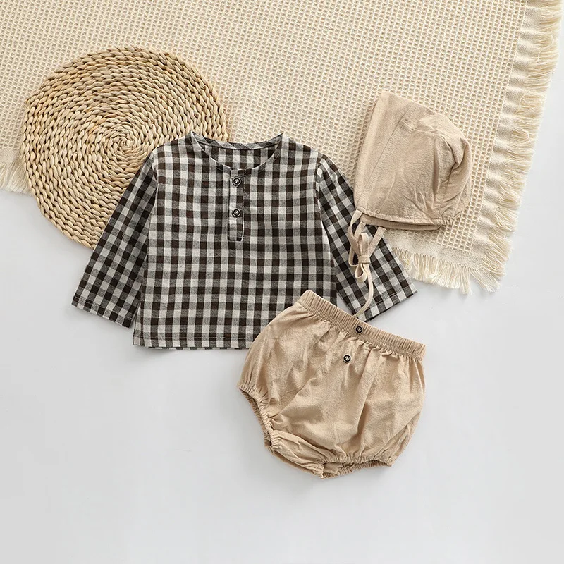 Top Trends: 2023 Autumn Spring Newborn Baby Girls Boys Full Sleeve Plaid Top Shirts+ shorts+ hat Infant Kids 100% Cotton Clothing Set 3pcs Shoppable Styles - Image 4