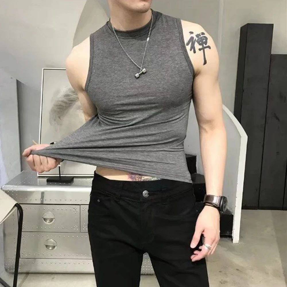 Top Trends: Summer Trend Vest Men&#039;s Tight Turtleneck Sleeveless Cotton Vest Male Slim Fitness Stretch Tank Tops Bottoming Shirt Streetwear Shoppable Styles