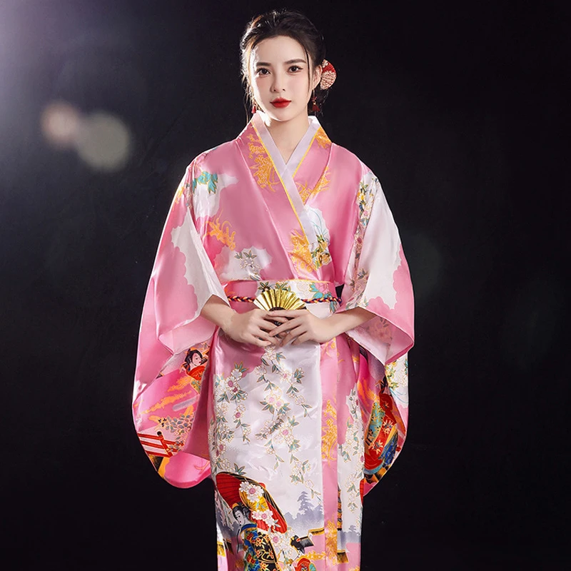 Top Trends: Japanese Traditional Kimono Gown With Obi Sakura Printed Satin Pajamas Geisha Haori Kimono Gown Dress Cosplay Costume Bathrobe Shoppable Styles