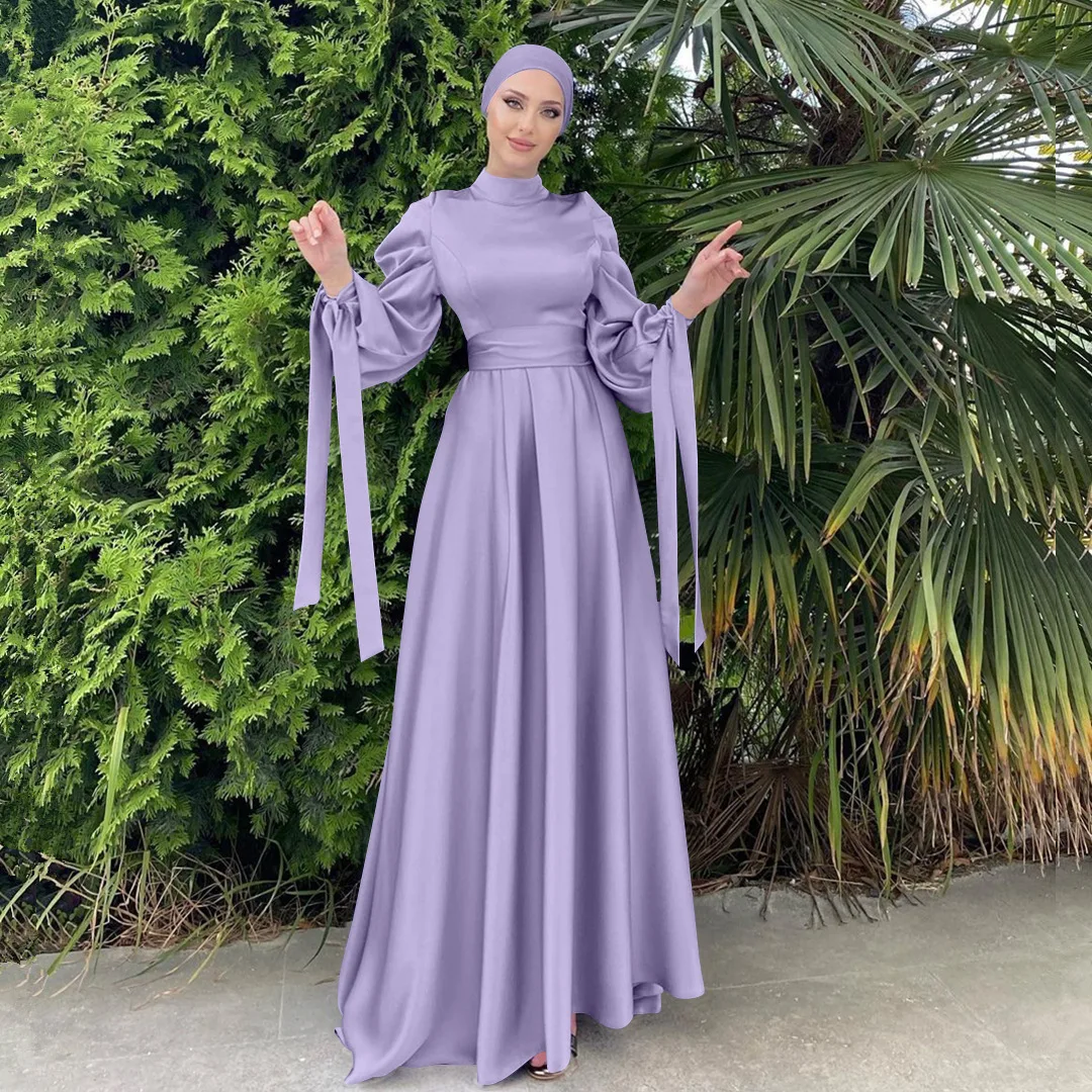 Top Trends: Muslim Fashion Women Islamic Satin Dress Hijab Arabic Pleated Abaya Dubai Balloon Sleeve With Ribbon Eid Mubarak Turkish Dresses Shoppable Styles