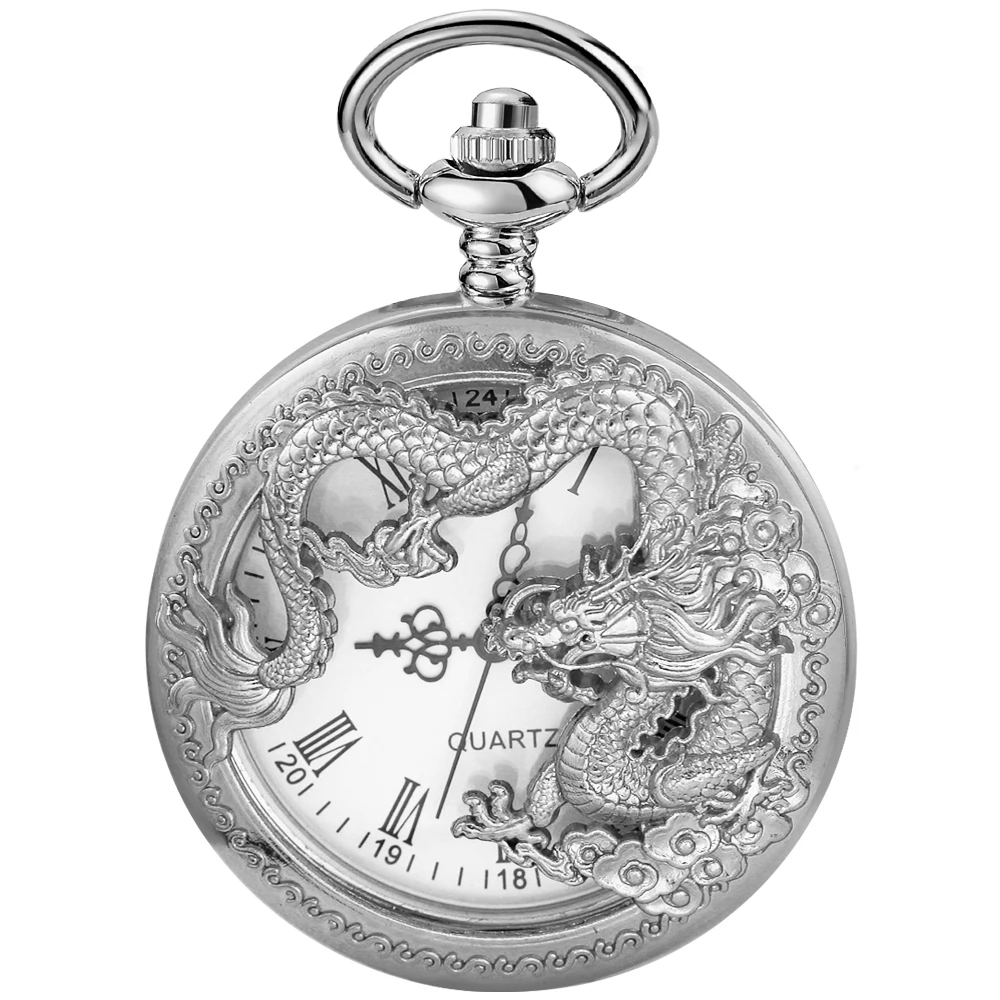 Top Trends: Silver Chinese Characteristic Dragon Shaped Pocket Watch Men&#039;s High Quality Necklace Timing Pendant Women&#039;s Jewelry Gift Clock Shoppable Styles