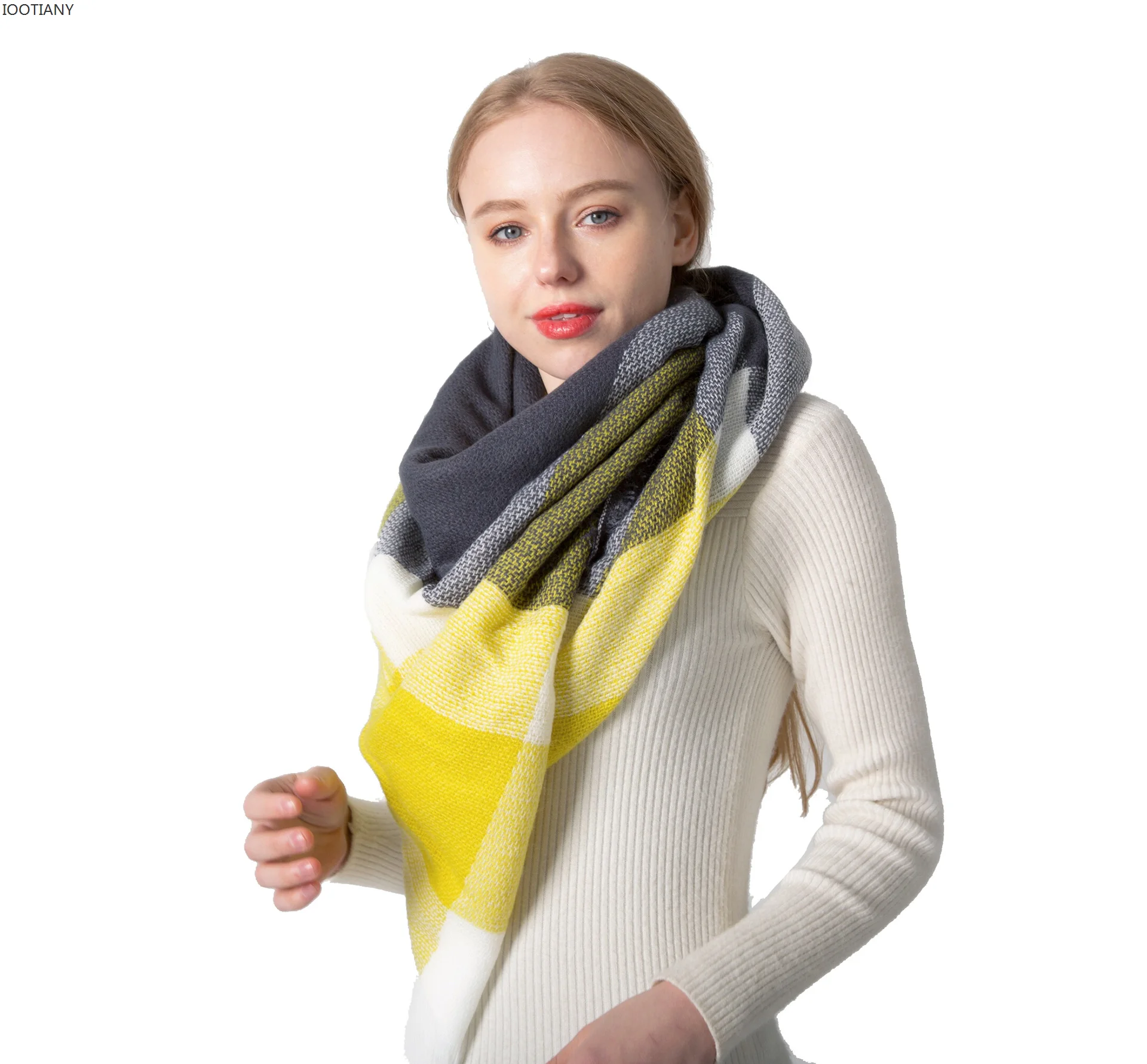 Top Trends: Winter New Yellow-Grey Imitation Cashmere Large Plaid Square Scarf Irregular Gradient Warm Scarf Women Plus Double-Sided Shawl Shoppable Styles