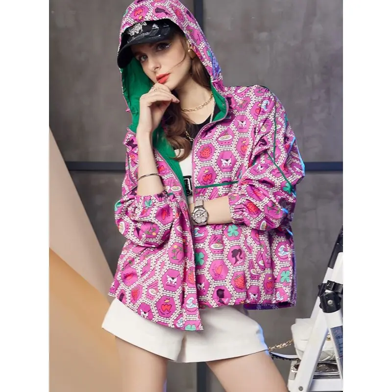 Top Trends: Designer Print Tweed Jacket Purple Hooded Baseball Jacket Women's 2022 Spring And Autumn New Street Korean Fashion Loose Top Shoppable Styles