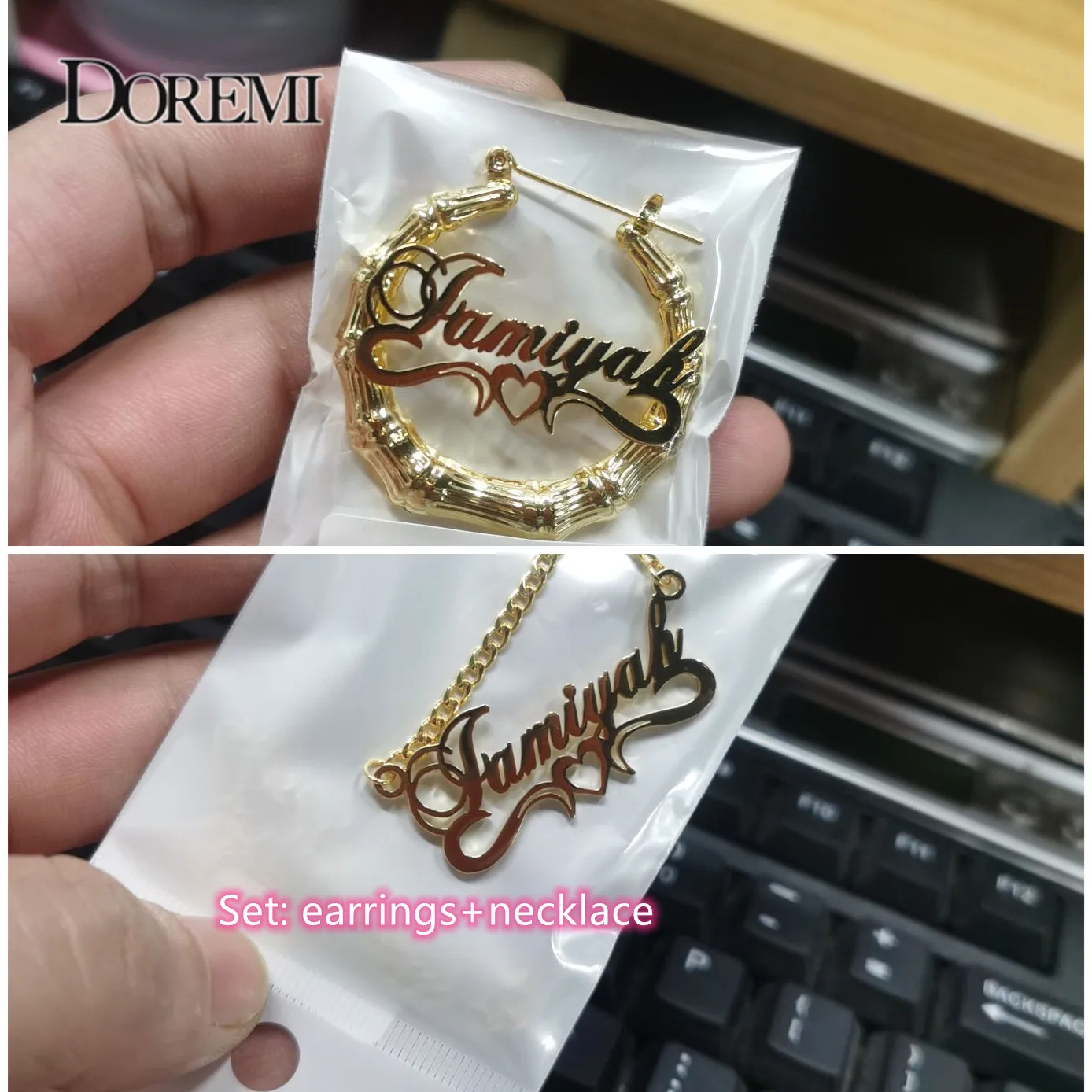 Top Trends: DOREMI 2 Pieces Set Name Earrings And Necklace 3MM Cuban Bamboo Earrings Custom Heart Name Pendant Personalised Name Earrings Shoppable Styles