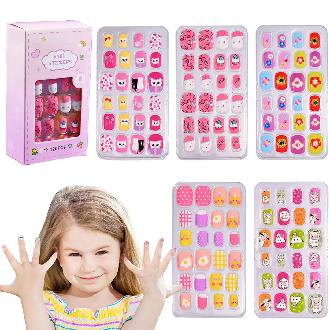 Top Trends: 120 Pcs 5 Pack Children Acrylic Fake Nail Press On Gradient Rainbow Short Kids Stick On False Nail Art Kits For Kids Little Girl Shoppable Styles