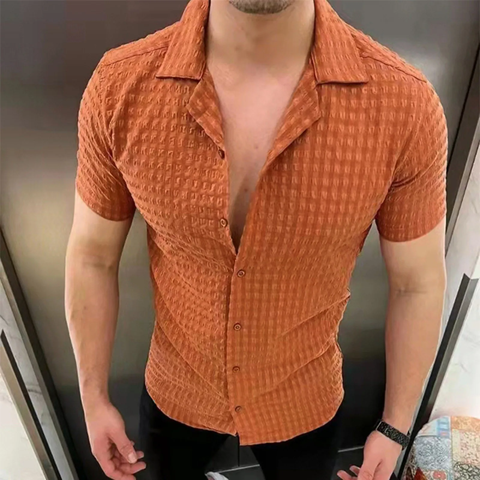 Top Trends: 2023 Summer Men Short Sleeve Shirts Solid Color Hawaiian Style Casual Lapel Slim Fit Buttons Shirts Social Dress Blouse Male Top Shoppable Styles