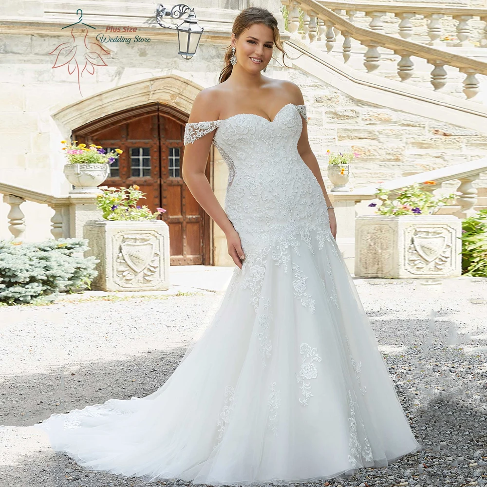 Top Trends: Off Shoulder Wedding Dresses Plus Size Sweetheart Neck Bride Gowns Appliques Back Lace Up Sweep Train Mermaid Vestido De Noiva Shoppable Styles