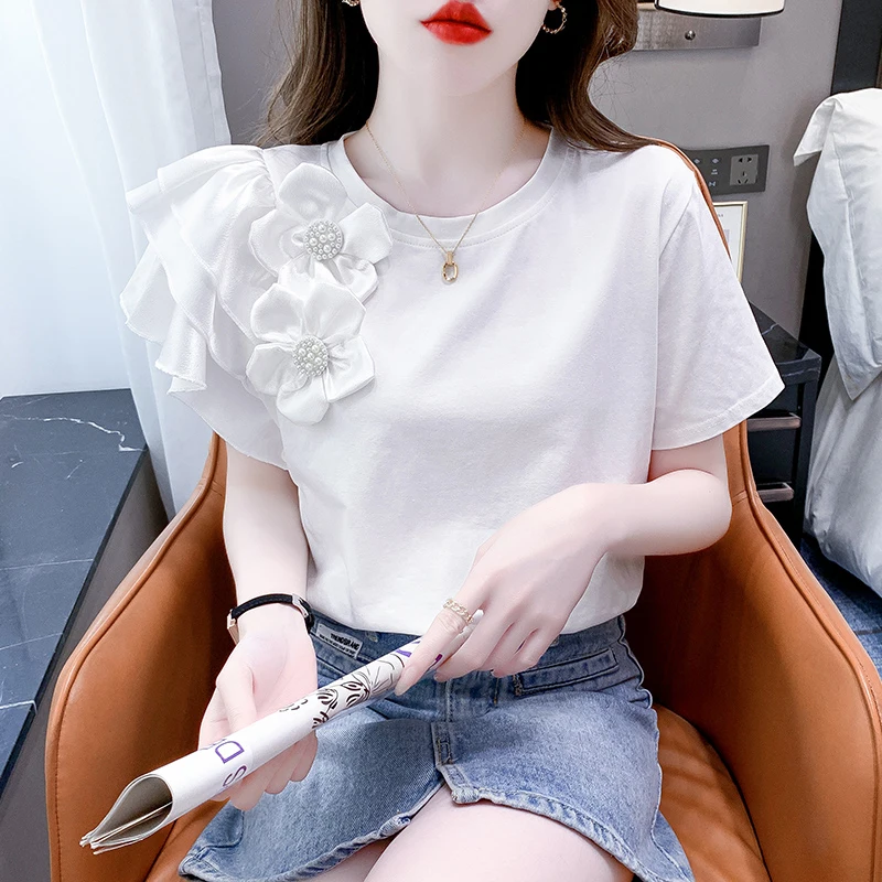 Top Trends: Fashion O-Neck Spliced Beading Tie Flowers Ruffles Blouse Women's Clothing 2023 Summer New Oversized Casual Tops Sweet Shirt Shoppable Styles