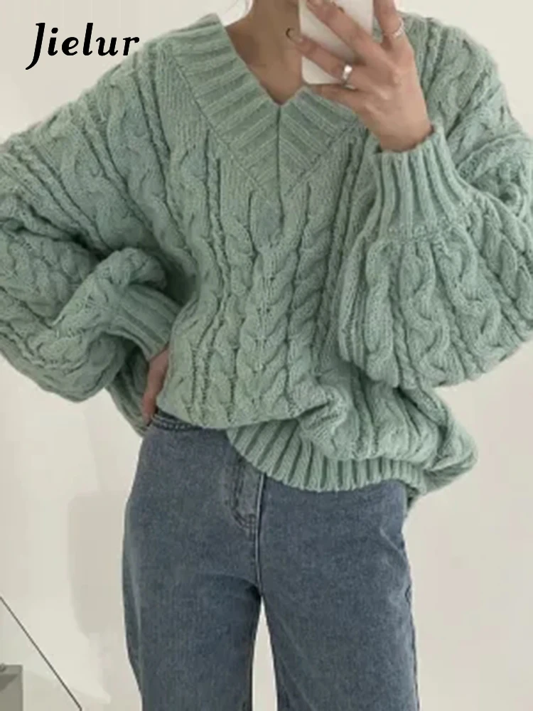 Top Trends: Jielur Autumn Winter New Chic Knitted Pullovers Woman Loose Retro Fashion Pullovers Casual Grey Pink Apricot Light Green Sweater Shoppable Styles - Image 3