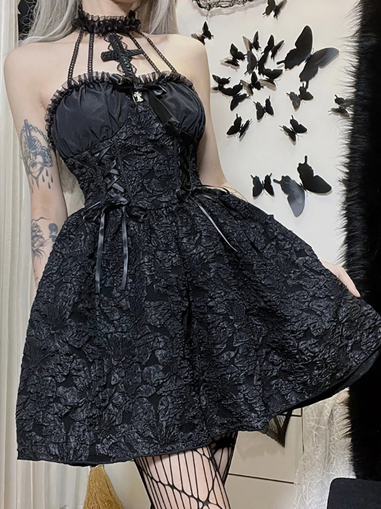 Top Trends: Goth Dark Mall Gothic Emo Jacquard A-line Dresses Elegant Grunge Ruched Bandage Partywear Punk Black Women Halloween Club Dress Shoppable Styles - Image 2