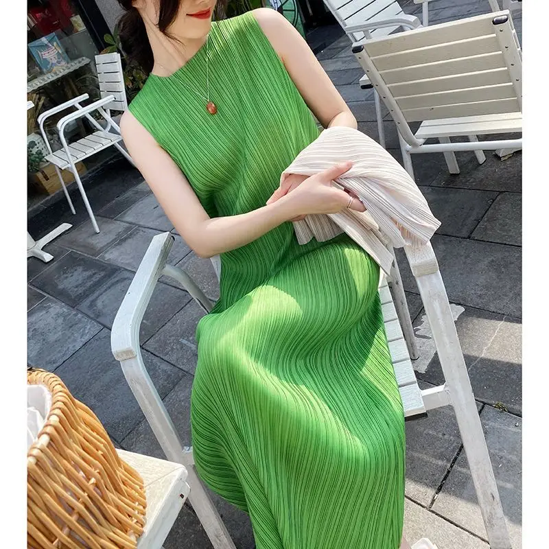 Top Trends: Pleated Sleeveless Solid Round Neck Long Dress Casual Summer Dresses For Women 2023 Ladies Dresses Loose Women Clothes Shoppable Styles - Image 3