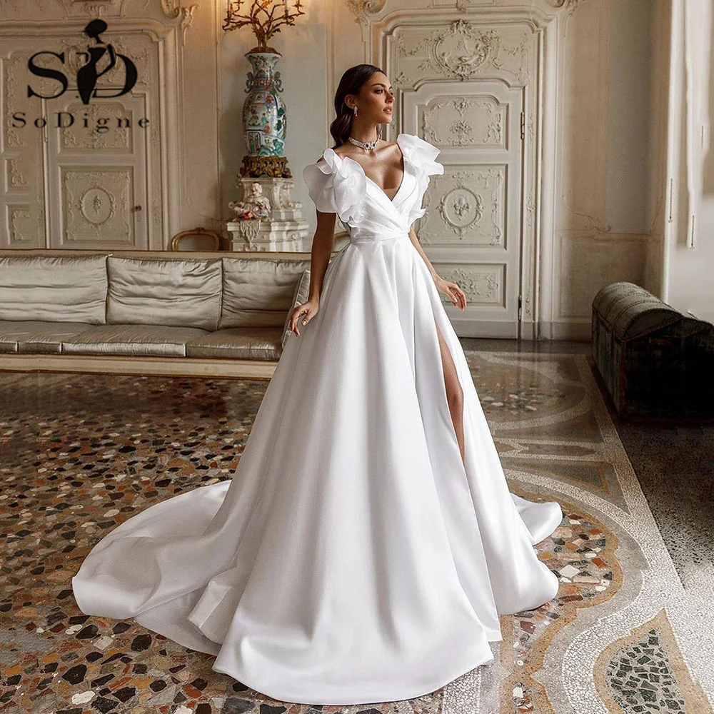 Top Trends: SoDigne Church A Line Satin Wedding Dresses For Women Flower Shoulder Side Slit V Neck Bride Dress Robe De Mariee Wedding Gown Shoppable Styles