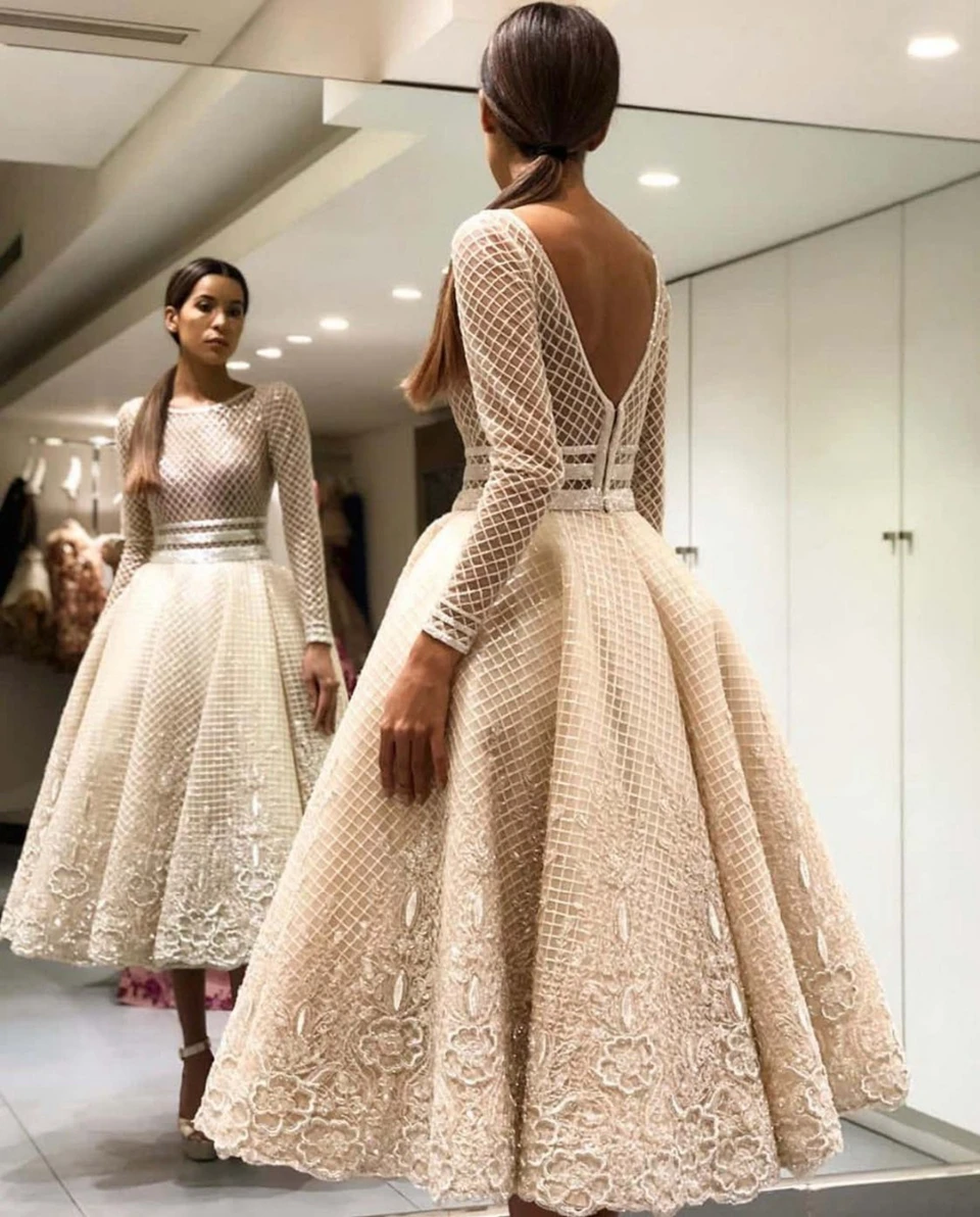 Top Trends: Elegant Champagne A-Line Long Sleeves Evening Dress 2023 Tea Length Appliques Cocktail Party Women Prom Gown فساتين مناسبة رسمية Shoppable Styles - Image 2