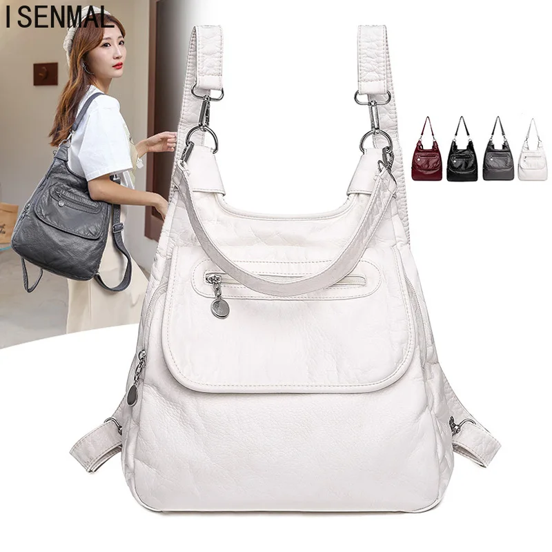 Top Trends: Multifunction White Backpacks Fashion Washed Soft PU Leather Anti-thief Backpack Large Capacity School Bag For Teenager Girls Shoppable Styles