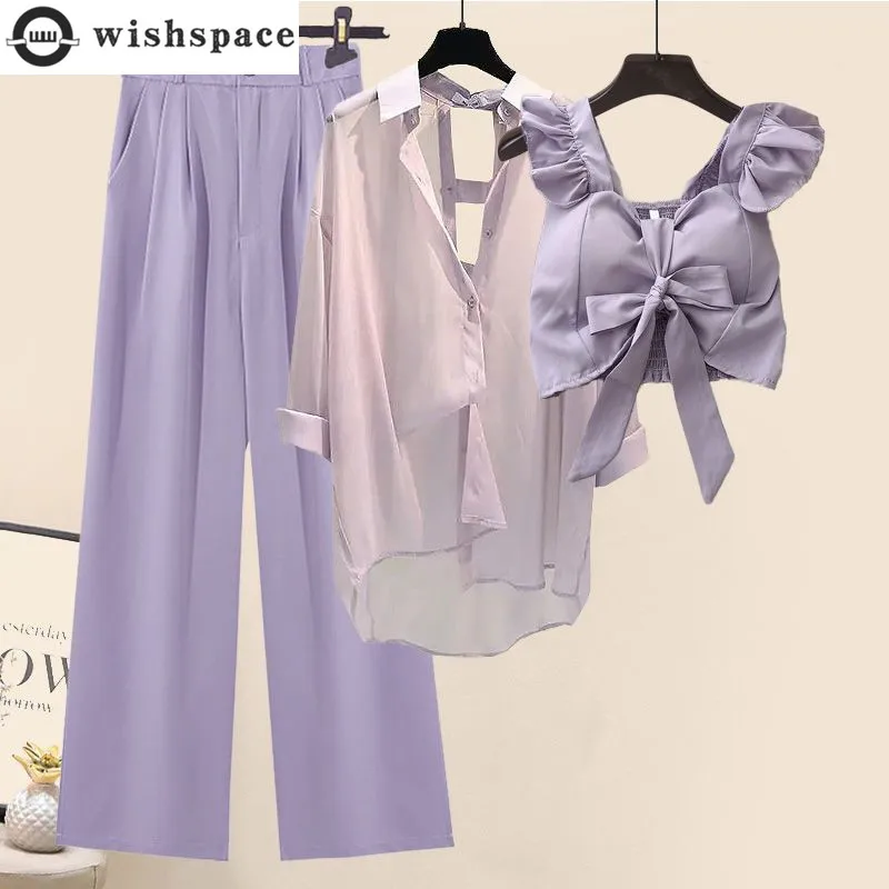 Top Trends: Bowknot Ruffle Suspender Bra Sunscreen Chiffon Shirt Casual Wide Leg Pants Three-piece Summer Purple Sports Suit Outfits Shoppable Styles