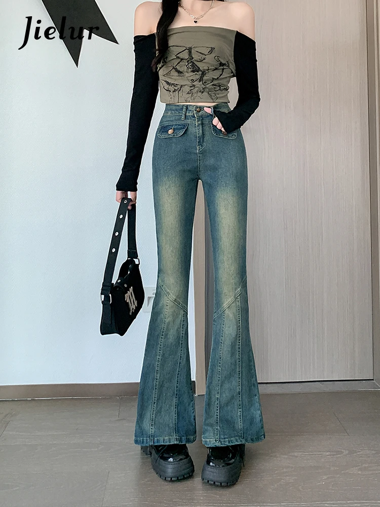 Top Trends: Jielur Slim Autumn Sexy Chicly Women Jeans High Waist Vintage Fashion Woman Jeans Blue Street Simple Basic Flare Pants Female Shoppable Styles