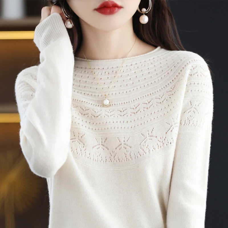 Top Trends: Trendy Style One-Line Ready-To-Wear Pure Wool Sweater Women's Hollow Knitted Pullover Autumn And Winter Rolled Edge O-Neck Top Shoppable Styles - Image 6