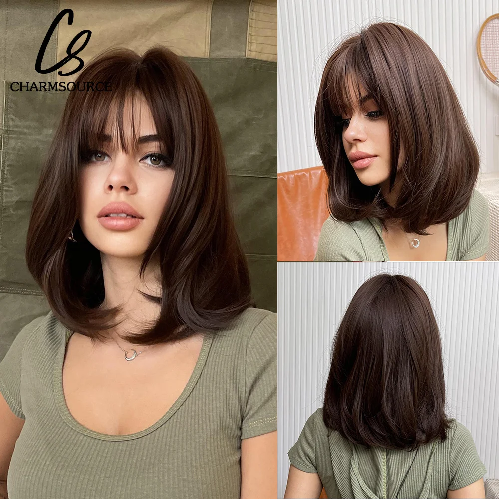 Top Trends: Short Medium Bob Wig Natural Wavy Hair With Bangs Dark Brown Synthetic Wigs For Women Daily Party Cosplay High Temperature Fiber Shoppable Styles