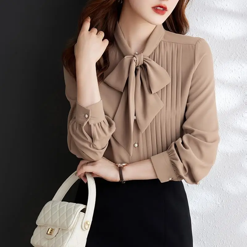 Top Trends: 2023 New Elegant And Fashionable Solid Color Scarf Collar Tie Up Shirt Long Sleeved Temperament Commuting Women&#039;s Bow Casual Top Shoppable Styles