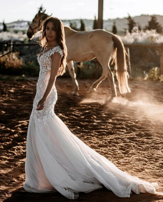 Top Trends: Rustic Mermaid Wedding Dresses Lace Appliques Short Sleeves V-Neck Backless Long Country Bridal Gowns Boho Beach Bride Wear 2023 Shoppable Styles