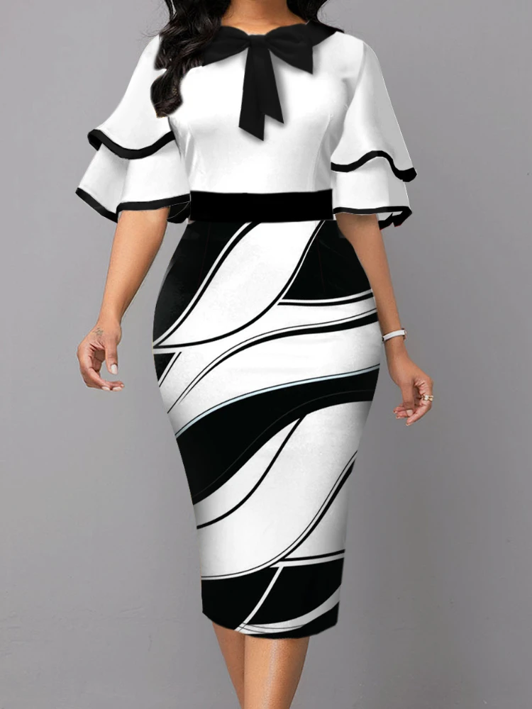 Top Trends: Bodycon Print Dresses For Women 2023 Black And White Ruffle Sleeve Midi Robes Bowtie Package Hip Elegant Slim Fit Autumn Vestido Shoppable Styles