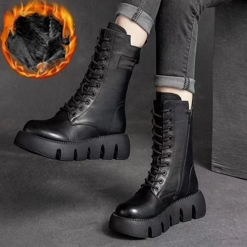 Top Trends: Winter Leather Women Boots 2023 Short Plush Mid-heel Snow Boots Lace Up Warm Lady Platform Biker Ankle Boots For Women Shoes Shoppable Styles