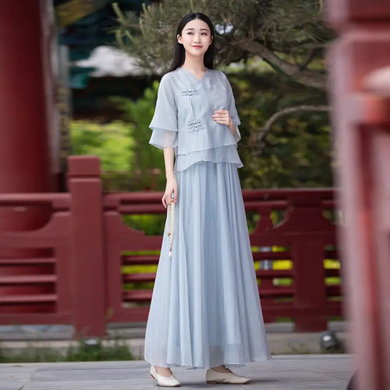 Top Trends: Improved Retro Hanfu Summer Skirt Women&#039;s Suit Cheongsam Chinese Zen Tea Clothes Fairy Chinese Suit Women Chinese Traditional Shoppable Styles