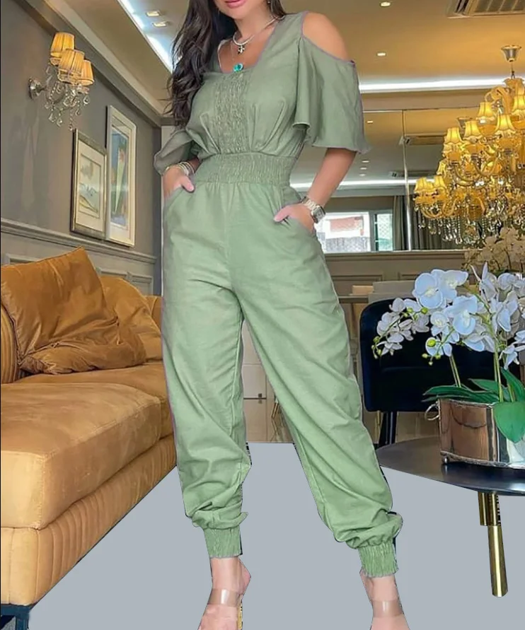 Top Trends: Jumpsuit Women 2023 Summer Fashion Army Green Off-Shoulder Slim Waist Casual Square Neck Short Sleeve Pocket Jumpsuit Streetwear Shoppable Styles