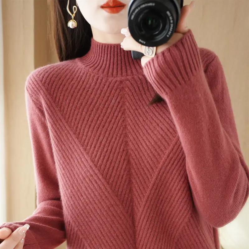 Top Trends: Thickened Half High Collar Various Colors Knitting Sweater Cross Striation Loose Slightly Elastic Long Sleeve Female Pullovers Shoppable Styles - Image 6