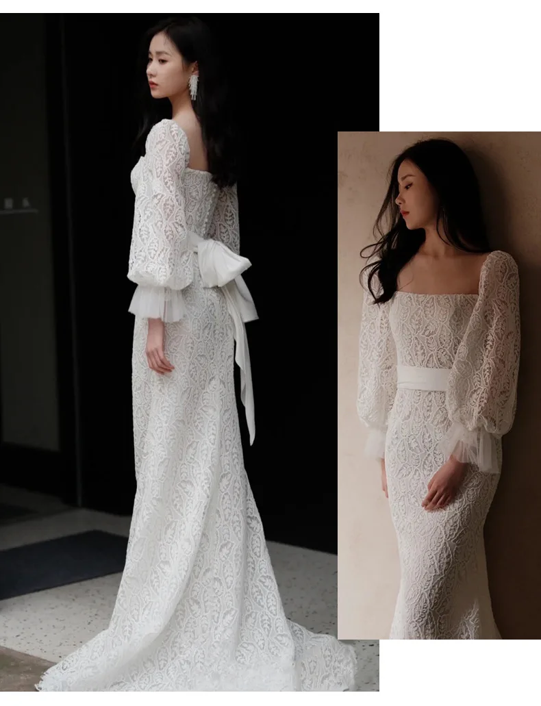 Top Trends: Elegant Wedding Dresses Korean Style Square Collar Lace Zipper Backless Full Sleeve Bride Gown Mermaid Sweep Train Shoppable Styles