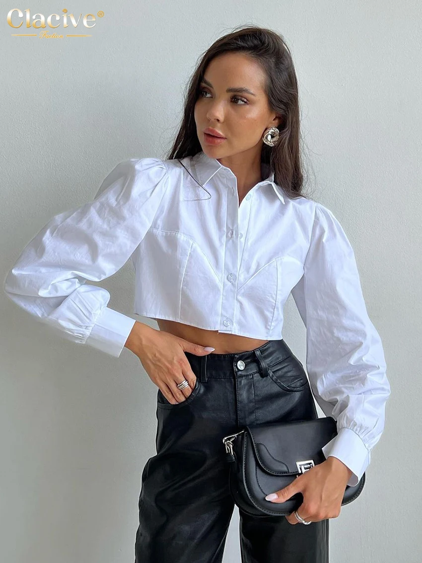 Top Trends: Clacive Fashion Woman Blouses 2022 Autumn Slim Lapel Long Sleeve Crop Shirts Ladies Streetwear White Skinny Blusas Tops Female Shoppable Styles