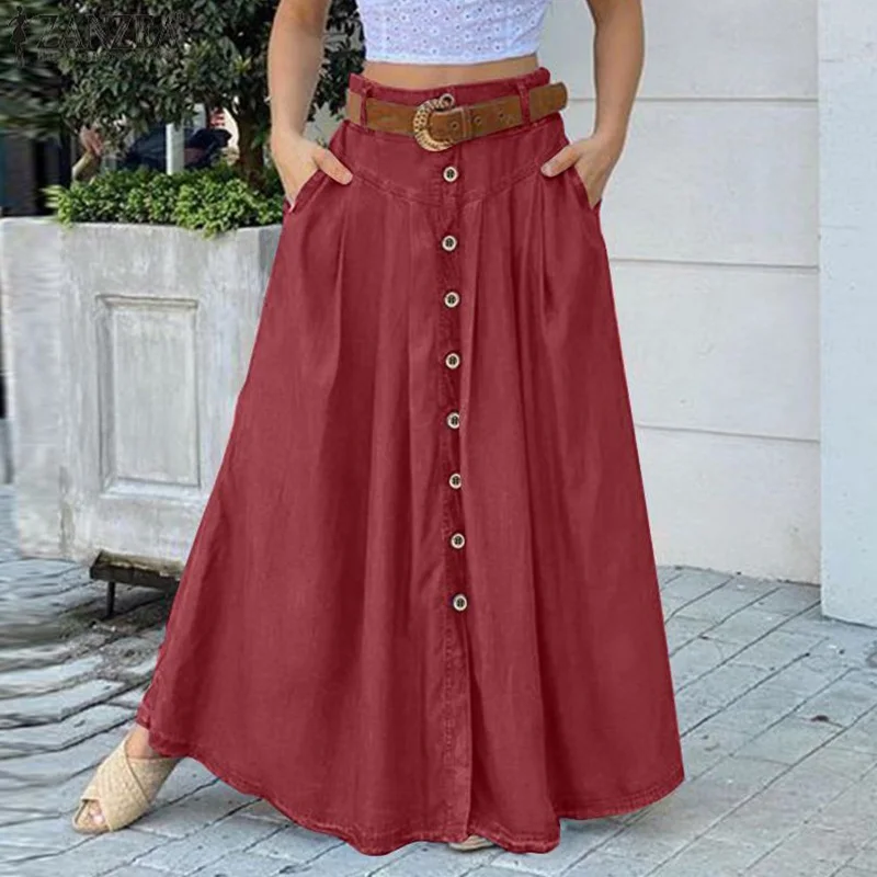 Top Trends: Summer Maxi Skirts Fashion Women Elegant Button High Waist Midi Skirt Female Big Hem Casual Flare Pocket Button Long Denim Skirt Shoppable Styles