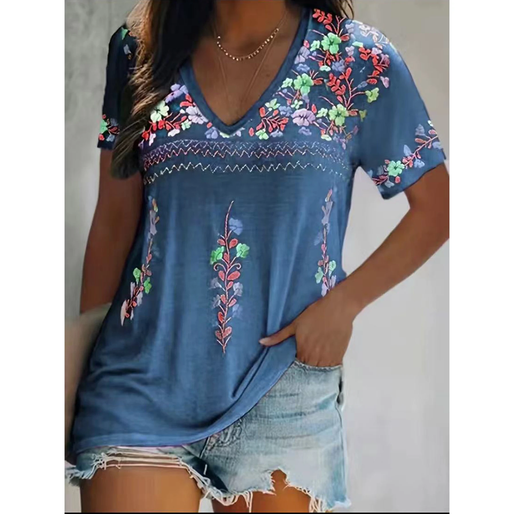 Top Trends: Boho Floral Print T-shirt Ethnic V-neck Summer Short Sleeve Tshirt Ladies Clothing Female Tee Top Oversized Vintage Women Tshirt Shoppable Styles