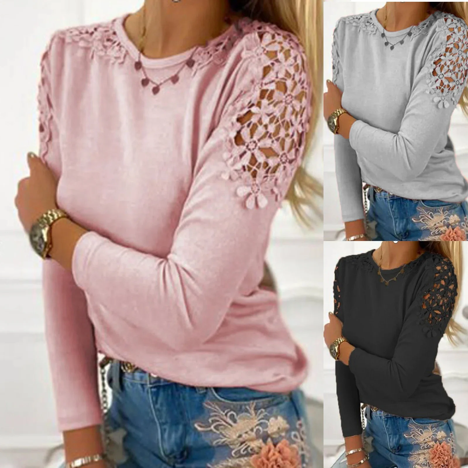 Top Trends: Women Fashion Long Sleeves Slim Lace Hollow T-Shirt Soft And Comfortable Thin Loose Tops Crew Neck Pullover Bottoming Shirt Shoppable Styles