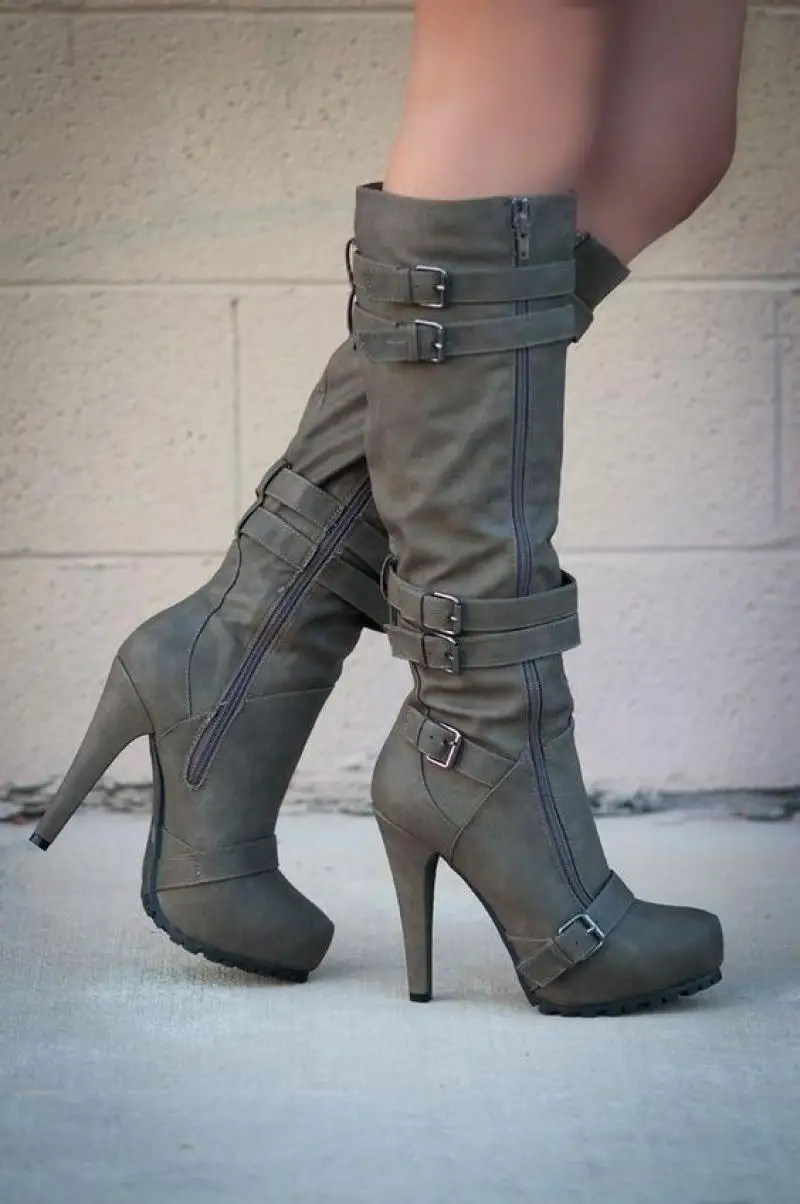 Top Trends: Women Super High Heel Boots Winter Fashion Buckle Strap Zipper Knee High Boots Platform Females Shoes Ladies Long Boots Botas Shoppable Styles - Image 3